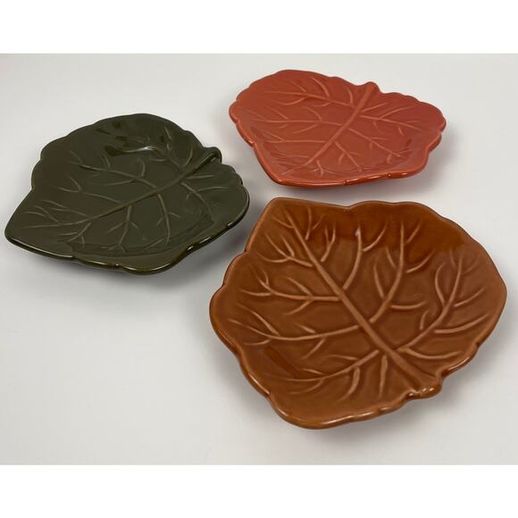 Wendover Lane Leaf Plates Ceramic Dishes Green Orange Brown Set of 3 - Picture 2 of 4